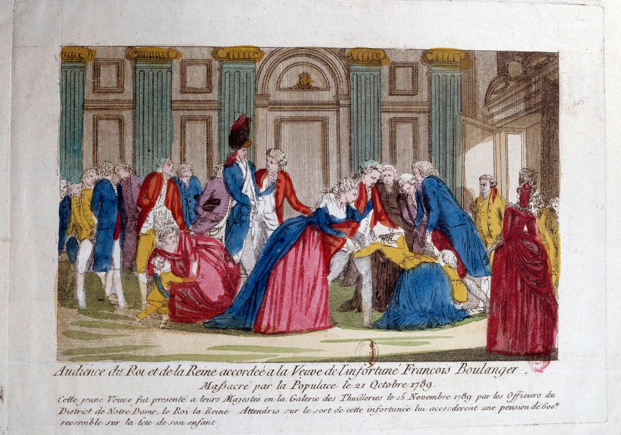 Ranskan vallankumous: "" Ludvig XVI:n ja Marie Antoinetten yleisö 15.11.1789, jonka kansa myönsi Francois Boulangerin verilöylyn leskelle 21.10.1789"" Kaiverrus 1700-luvulta. Pariisi, Arsenaalin kirjasto tekijältä French School