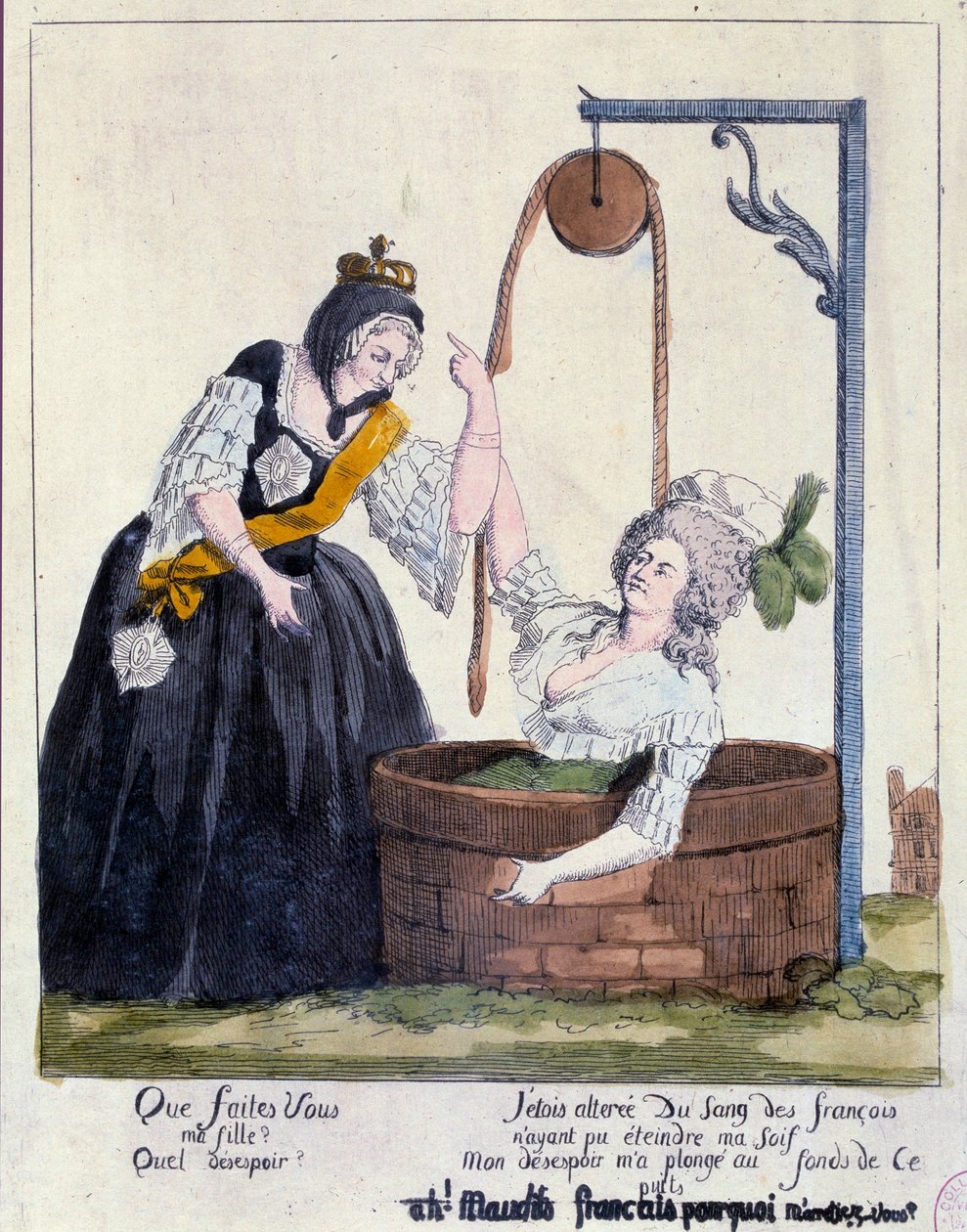 Ranskan vallankumous: Sarjakuva kuningatar Marie Antoinettea (1755-1793) vastaan putosi kaivon pohjalle, koska halusi sammuttaa ranskalaisen veren janonsa. 1700-luvulla. Paris, B.N. tekijältä French School
