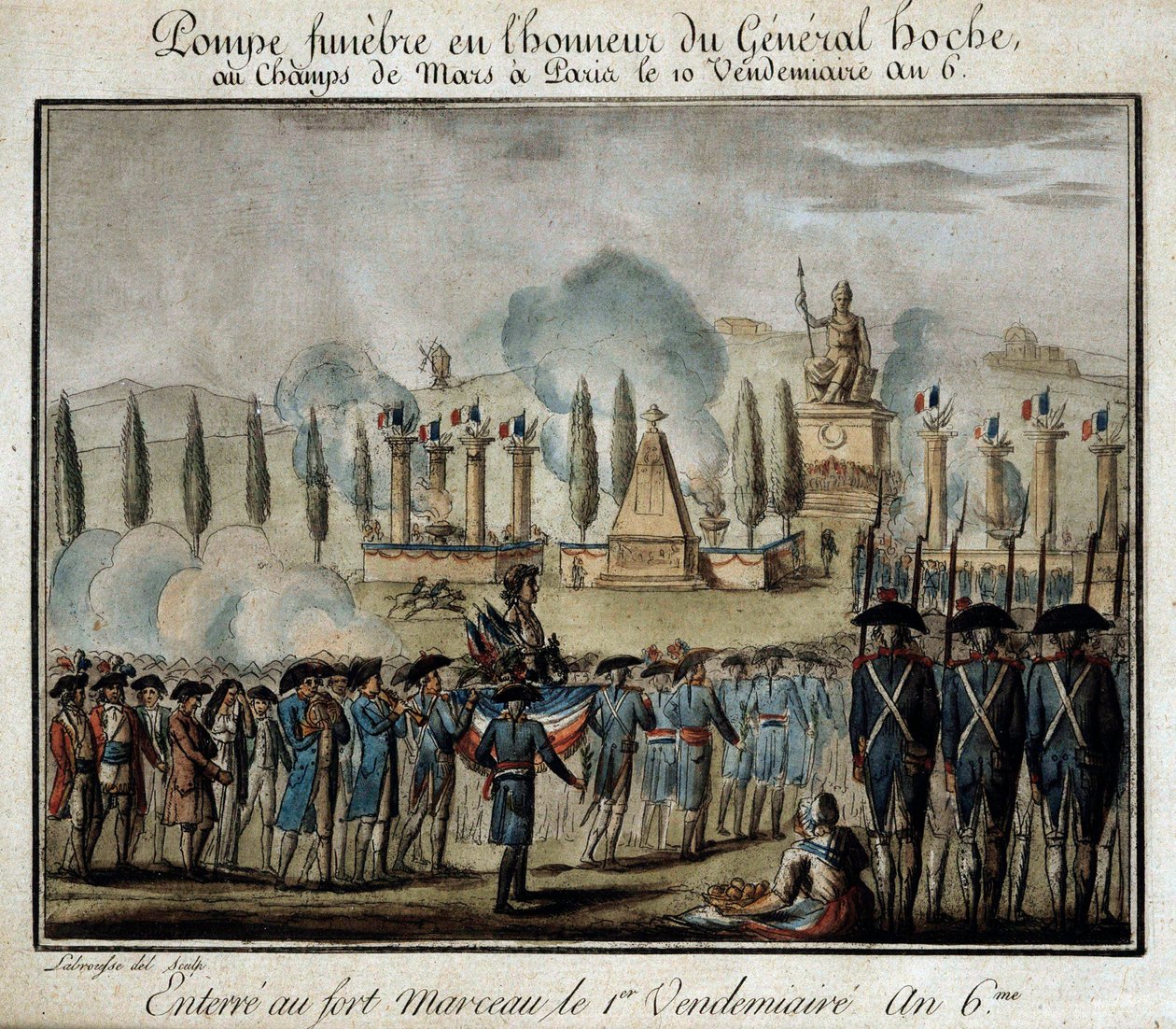Ranskan vallankumous: "" Funebre-pumpun seremonia kenraali Lazare Hochen (1768-1797) kunniaksi Champs de Marsilla Pariisissa 10. perjantaina, vuosi 6"" Kaiverrus vuodelta 1797. Versailles, Lambinet-museo tekijältä French School