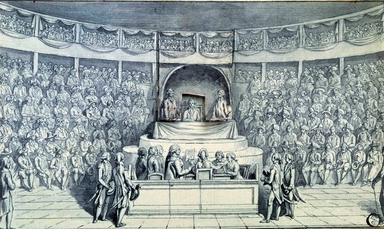 Ranskan vallankumous: Antoine Barnave (1761-1793) kuulustelee ruorissa olevaa kuningas Ludvig XVI:ta (1754-1793) hänen oikeudenkäynnissään kansalliskokouksessa, joka päättää hänen kuolemanrangaistuksestaan 21.1.1793. Anonyymi piirros noin 1793. Pariisi, Lo tekijältä French School