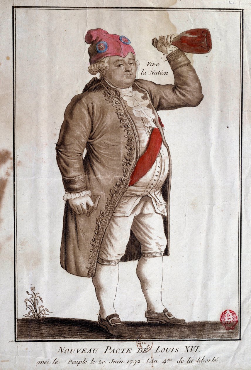 Ranskan vallankumous: "" Ludvig XVI:n uusi sopimus kansakunnan kanssa (20.6.1792)" Nimetön kaiverrus 1700-luvulta. Pariisi, Arsenaalin kirjasto tekijältä French School