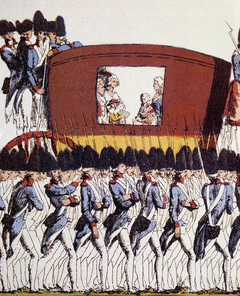 Ranskan vallankumous: Kuninkaallisen perheen paluu Pariisiin 25. kesäkuuta 1791 Varennesissa 20. ja 21. kesäkuuta 1791 tapahtuneen pidätyksen jälkeen. Eau-forte coloriee anonyymi 1791 su. 23,2x34,6 Pariisi, Musee Carnavalet. tekijältä French School