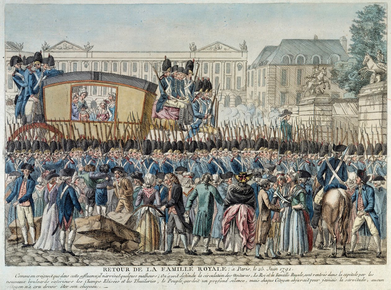 Ranskan vallankumous: "Kuninkaallisen perheen paluu Pariisiin 25/06/1791" Saattue ylittää Place de la Concorde -aukion. 1700-luvun lopun ranskalaisen koulukunnan kaiverrus. Pariisi Musée Carnavalet tekijältä French School