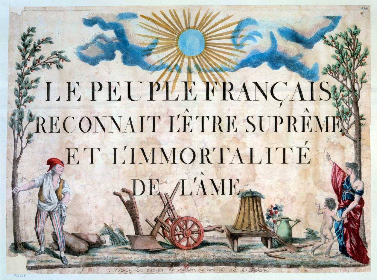 Ranskan vallankumous: "Ranskalaiset tunnustavat sielun korkeimman olennon ja kuolemattoman." Un sans-panlotte, un arbre de la Liberte, des outils agricoles. 1794. Pariisi. Arsenalin kirjasto tekijältä French School