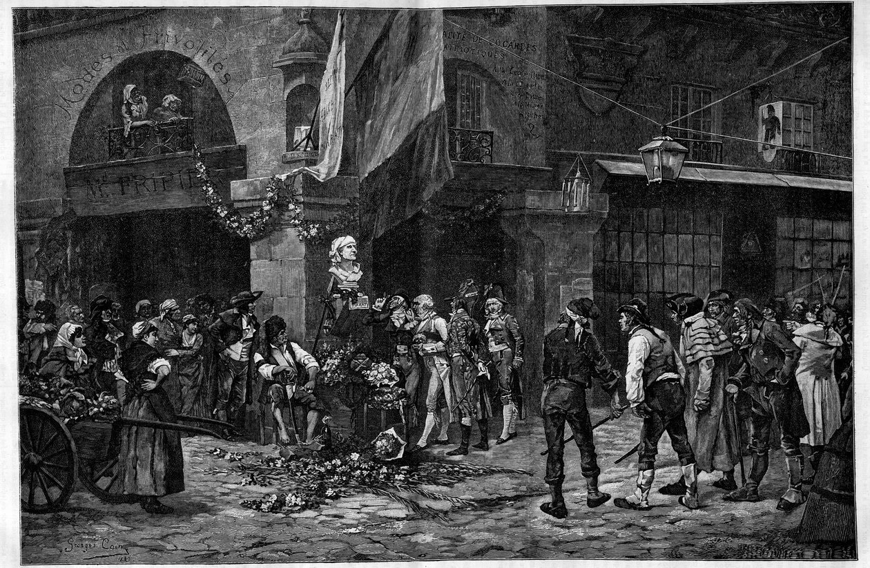 Ranskan vallankumous: "Maratin rintakuva Hallesin pylväässä"". Kunnianosoituksena Jean Paul Maratille (1743-1793), hänen rintakuvansa asetettiin hänen kuolemansa jälkeen Halles de Parisiin. Kaiverrus Georges Jules Auguste Cainin (1856-1919) maalauksen jälk tekijältä French School