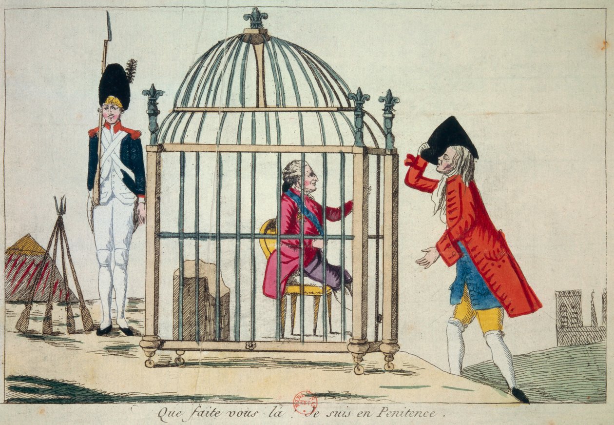 Ranskan vallankumous: "Mitä sinä teet, olen katumuksessa" Kuningas Ludvig XVI (1754-1793) esittää häkissä Varennesiin kesäkuussa 1791 suuntautuvan lentonsa aattona. Satiirinen kaiverrus Pariisi, Arsenaalin kirjasto tekijältä French School