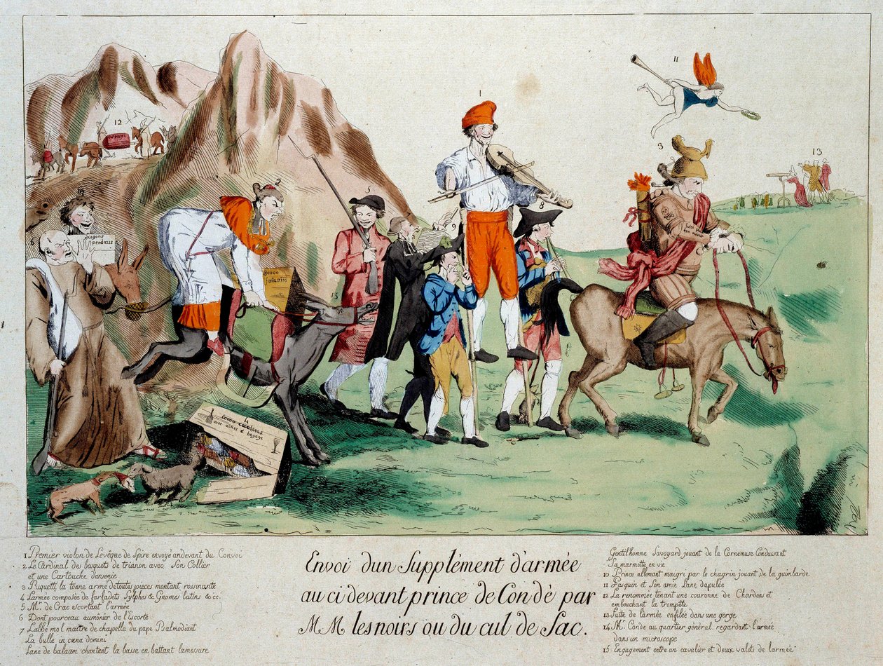 Ranskan vallankumous: Reinin rannoille sijoitetun Bourbon-Conden prinssi Louis V:n Josephin (1736-1818) armeijalle lähetettiin vallankumouksen aiheuttaman muuton jälkeen lisävahvistuksia, jotka koostuivat raajarikkojen papiston jäsenistä. Carto tekijältä French School