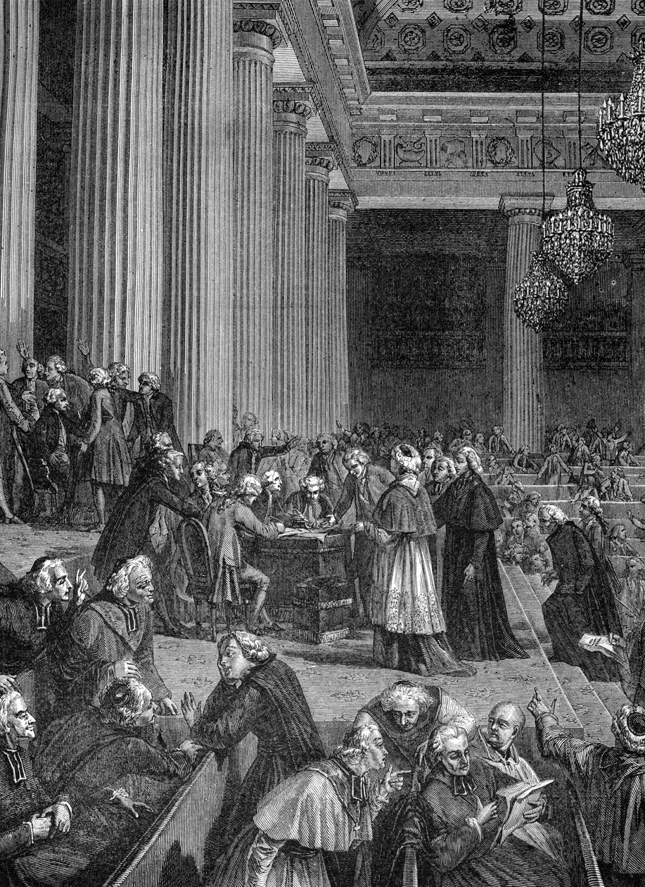 Ranskan vallankumous: kansalliskokouksen etuoikeuksien poistaminen vuonna 1789 (kaiverrus) tekijältä French School