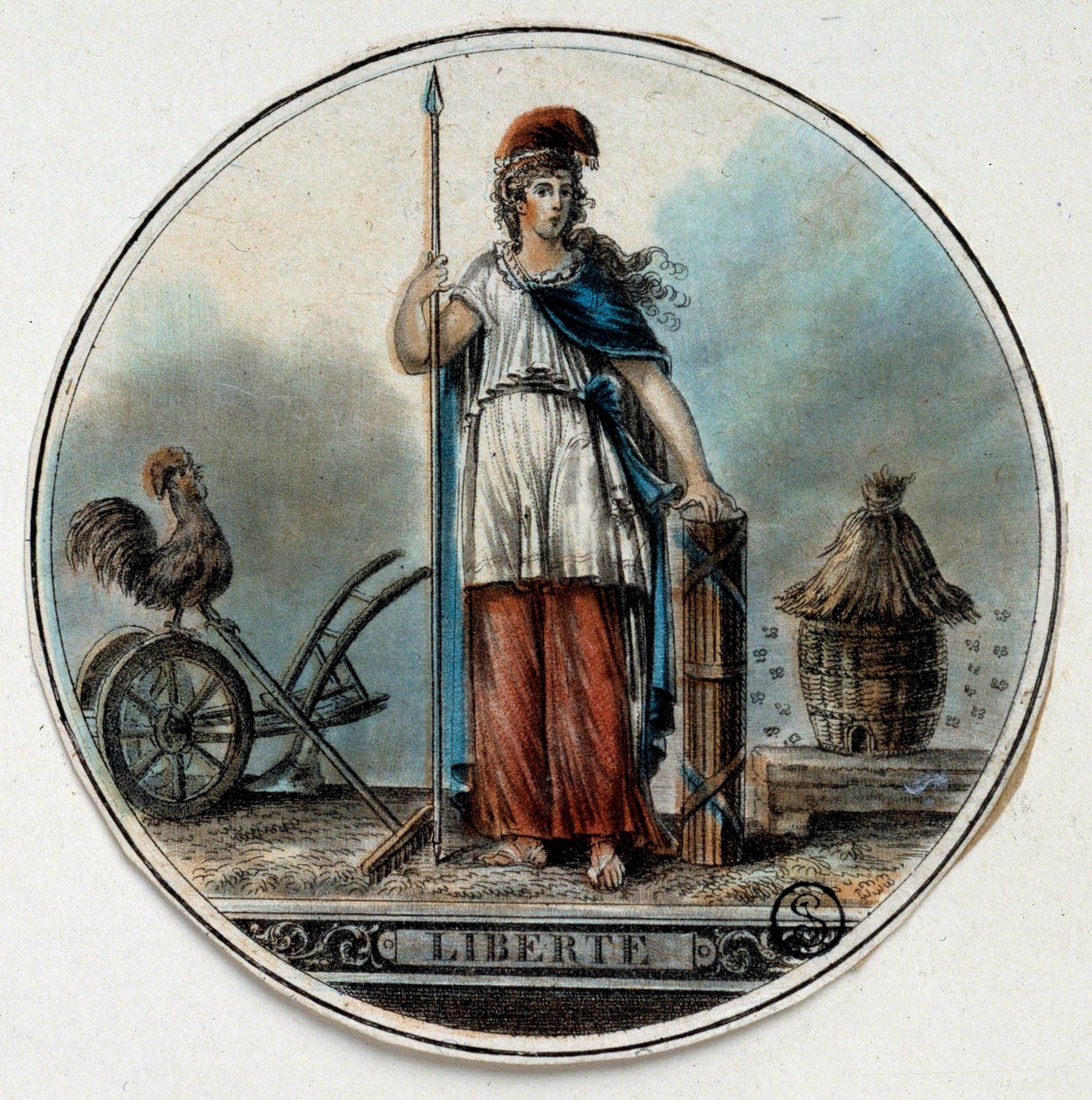 Ranskan vallankumous: allegoria Libertestä naisena mehiläispesän ja kukon lähellä. 1700-luvun lopun Pariisi, B.N. tekijältä French School