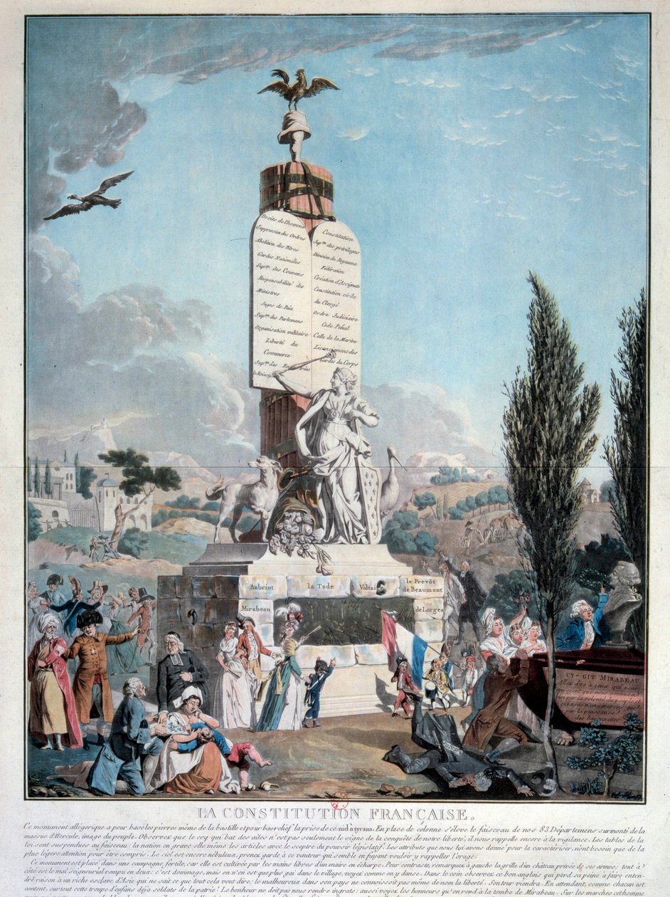 Ranskan vallankumous: allegoria Ranskan perustuslaista syyskuussa 1791. Kaiverrus 1791 Pariisi, Arsenaalin kirjasto tekijältä French School