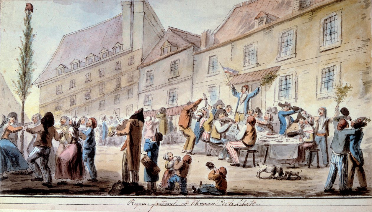 Ranskan vallankumous: veljesateria vapauden kunniaksi kesäkuussa 1793. Patriootteja ja pariisilaisia juhlimassa Liberteä. Motto "Liberte, tasa-arvo, veljeys" ilmestyi ensimmäistä kertaa tänä aikana. Akvarelli vuodelta 1793. Pariisi, Arsenaalin kirjasto tekijältä French School