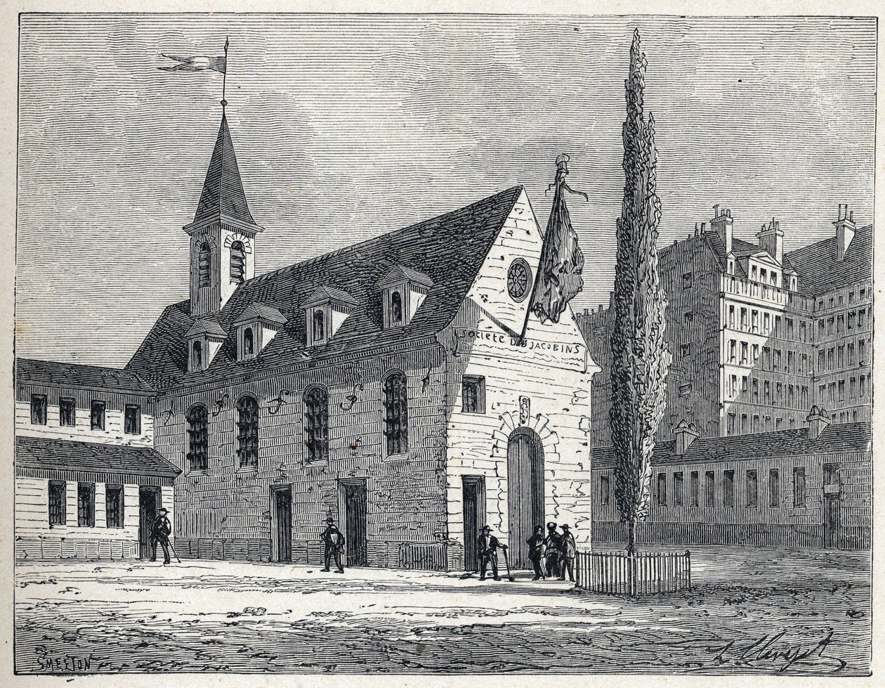 Ranskan vallankumous: jakobiiniklubin kohtauspaikka Pariisissa, entisessä luostarissa Saint-Honoren alueella (Saint Honore). Kaiverrus vuodelta 1889. Yksityinen kokoelma. tekijältä French School