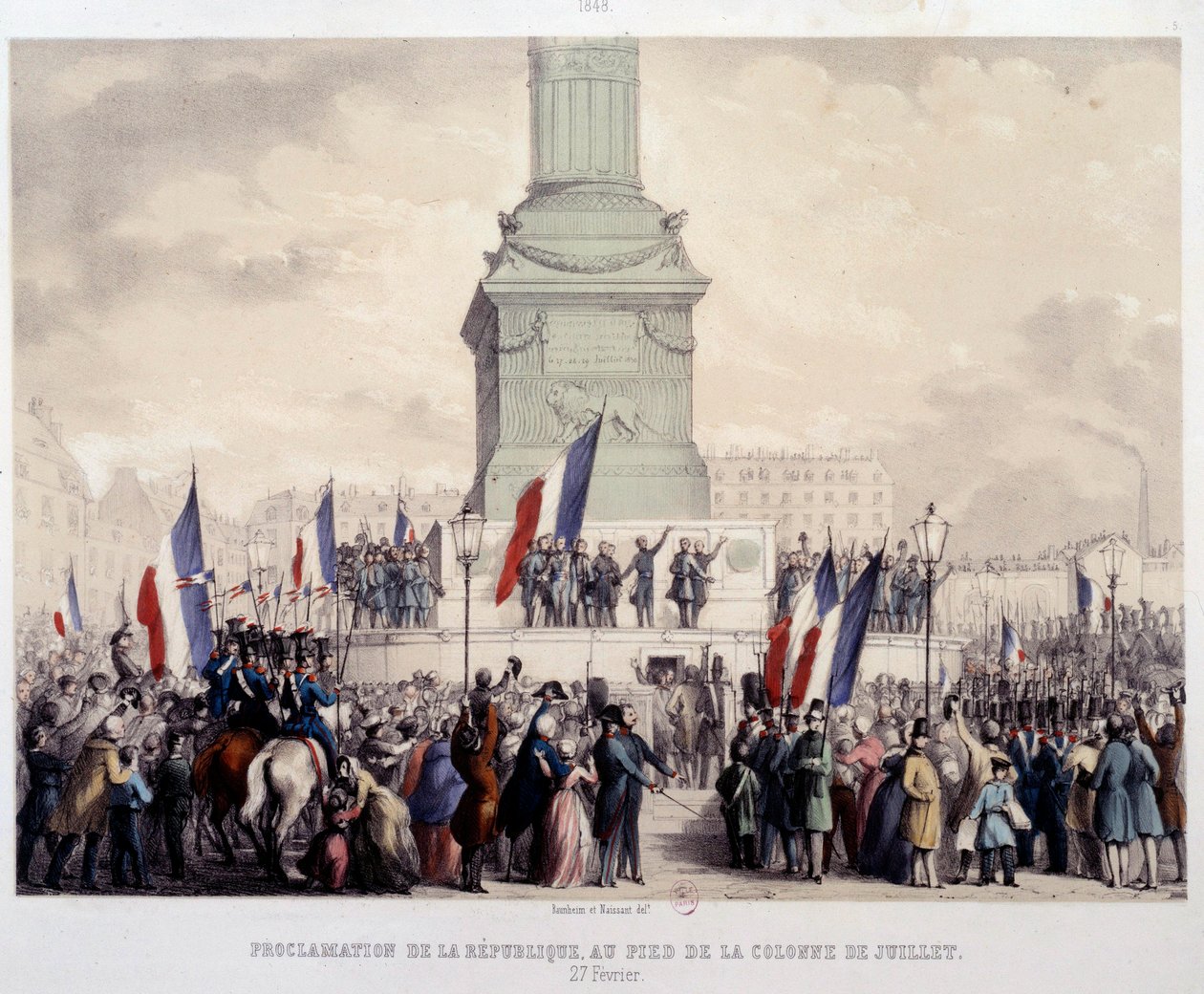 Ranskan vuoden 1848 vallankumous: toisen tasavallan julistus heinäkuun pylvään juurella Place de la Bastillella 25.2.1848. 1800-luvun litografia. Pariisi, Musee Carnavalet tekijältä French School