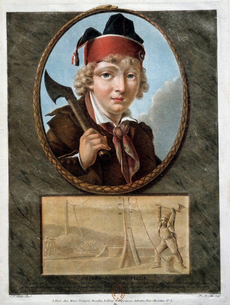Ranskan vallankumous: muotokuva nuoresta Joseph Agricol Vialasta (1780-1793), joka osallistui Marseillen kapinaan vuonna 1793. Hän on edustettuna alakerrassa katkaisemassa ponttoni de la Durancen kaapeleita estääkseen kuninkaallisten kulkua. 18. vuosisata tekijältä French School