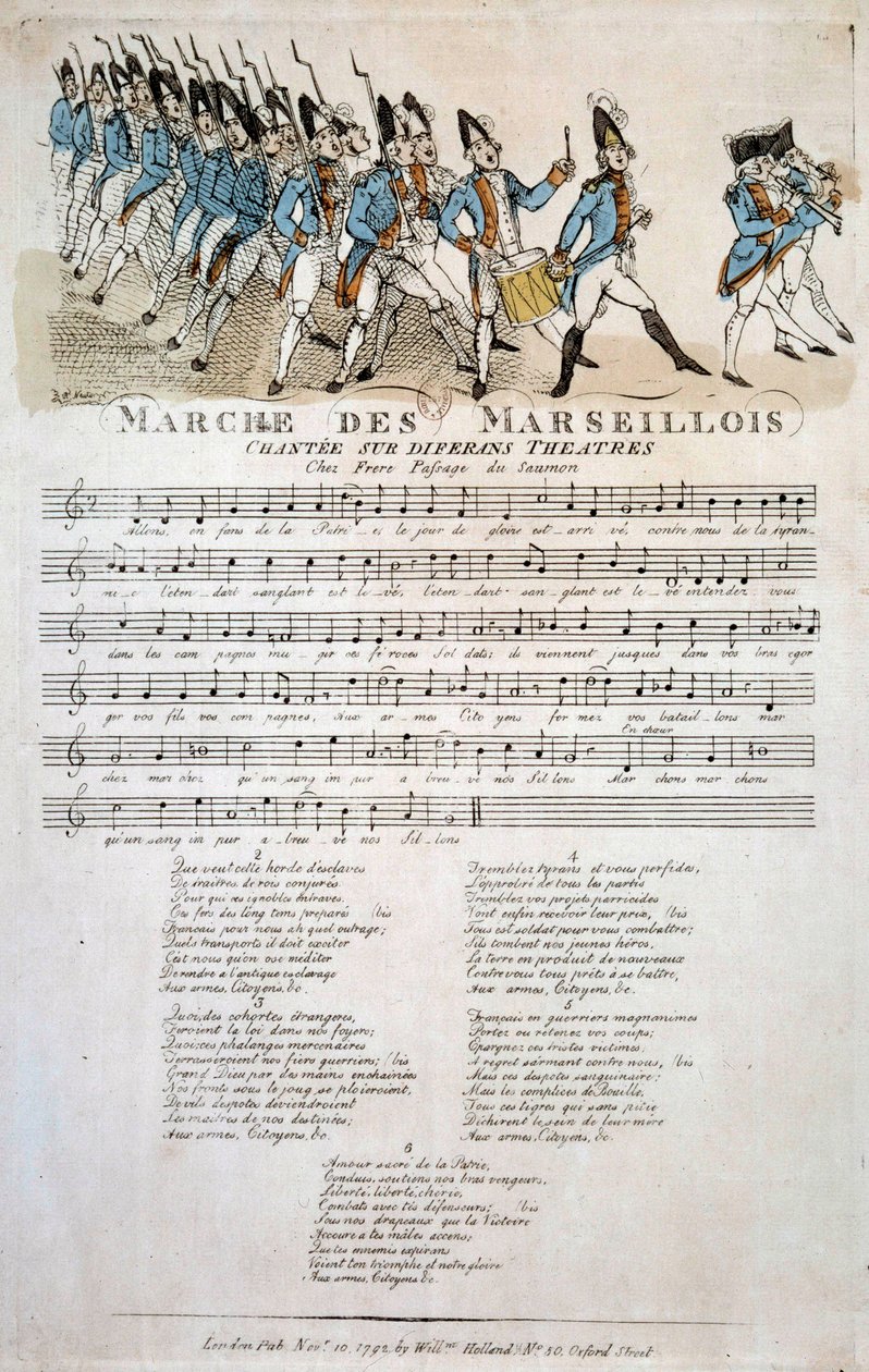 Ranskan vallankumous: Claude Balbastren (1724-1799) sävellys "La marche des Marseillois", joka on muunnelma Ranskan kansallislaulun Marseillaisen teemasta. Marraskuu 1792 Pariisi, Bibliotheque de l