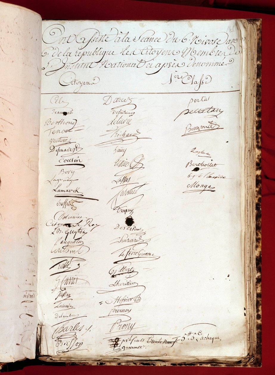 Ranskan vallankumous: läsnäololuettelo 26.12.1797 (6 nivose vuosi VI), jossa on kansalliseen instituuttiin osallistuneiden henkilöiden allekirjoitukset. Pariisi, Tiedeakatemia tekijältä French School