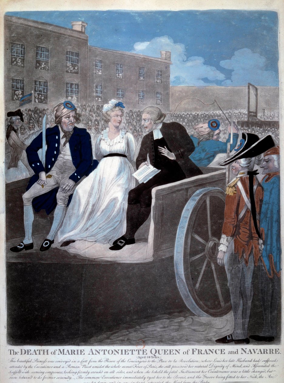 Ranskan vallankumous: "Ranskan kuningatar Marie Antoinette (1755-1793) viedään giljotiinille. Kaiverrus vuodelta 1793. Pariisi, Arsenalin kirjasto tekijältä French School
