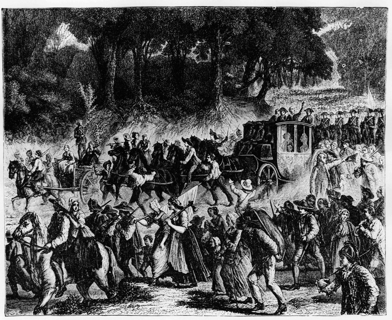 Ranskan vallankumous: kuninkaallisen perheen (Louis XVI ja Marie Antoinette) saapuminen Pariisiin, 5. lokakuuta 1789 - kaiverrus. tekijältä French School