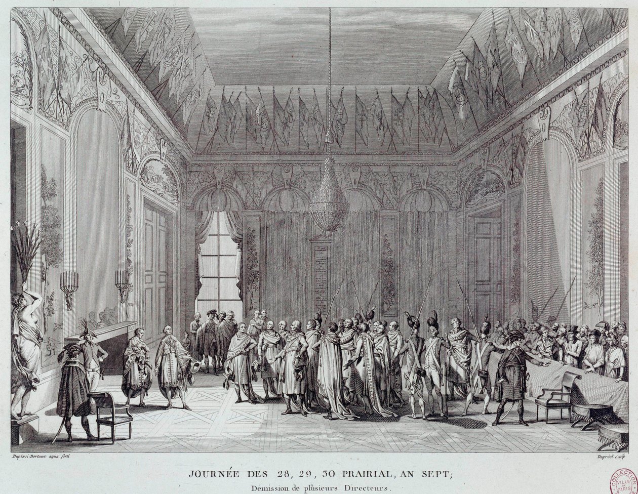 Ranskan vallankumous: päivät 28., 29. ja 30. Prairia vuonna VII, joka johti 18.6.1799 Abbe Emmanuel-Joseph Sieyesin (1748-1836) vallankaappaukseen (tai neuvostojen koston) ja näki useiden Thermidorian-ohjaajien eron. Kaiverrus o tekijältä French School