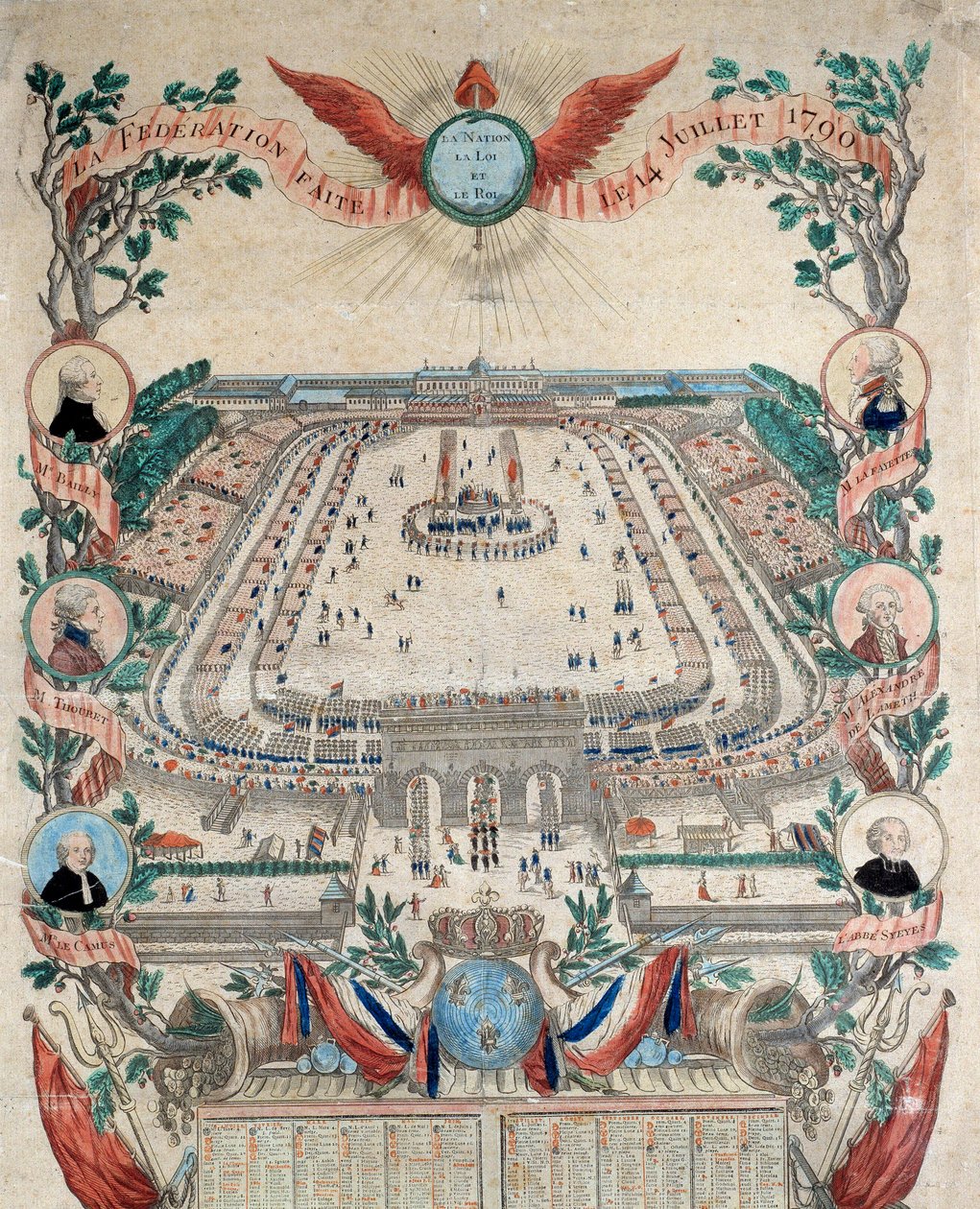 Ranskan vallankumous: näkymä kansallisen liiton juhlasta 14.7.1790 Champs de Marsilla. Kaiverrus vuodelta 1790. Pariisi, Kansallisarkisto tekijältä French School