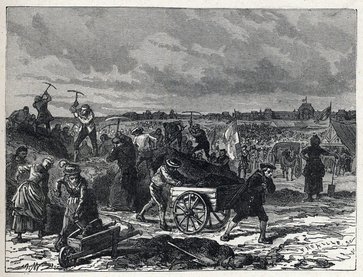 Ranskan vallankumous: Champs de Marsin (Champs-de-Mars) töitä Pariisissa valmistaakseen fete de la Federationin vuonna 1790. tekijältä French School