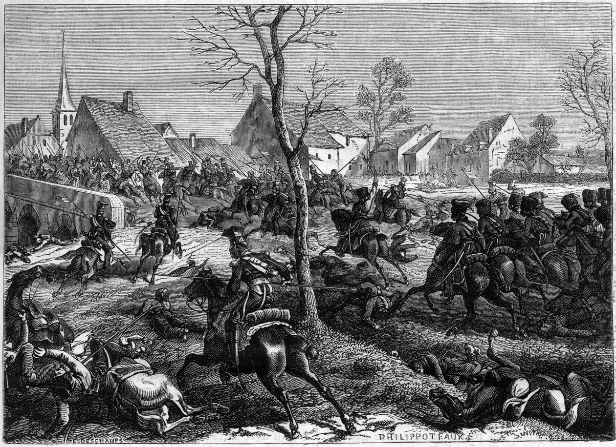 Ranskalaiset ja puolalaiset joukot valloittavat Berryau-Bacin sillan (Aisne), maaliskuu 1814 - Campagne de France (1814) - Kenraali Nansouty kaartin ratsuväen ja kenraali Pacin puolalaisten kanssa ottaa Berryau Bacin sillan - in " Imperiumin historia seura tekijältä French School