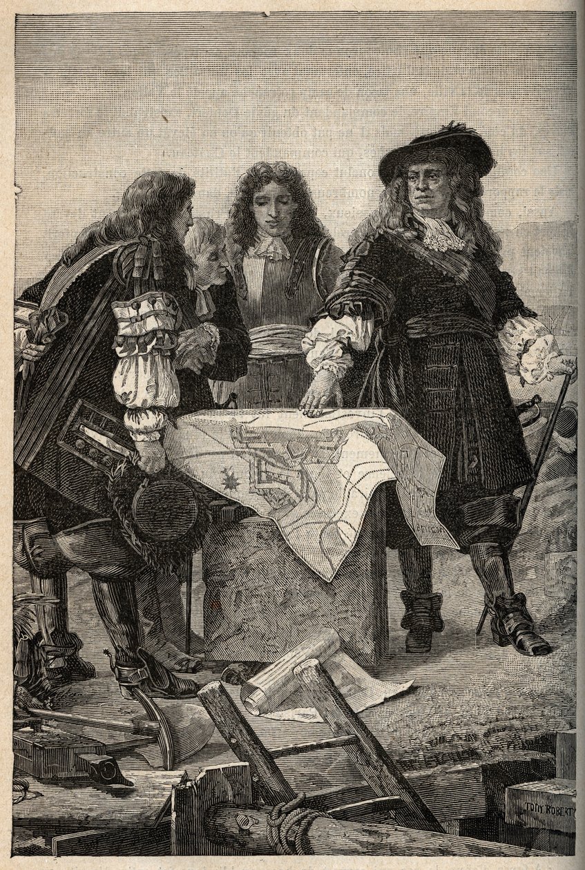 Ranskalainen arkkitehti Vauban laatii Belfortin (Itä-Ranskan) linnoitussuunnitelmat Louis XIV:n pyynnöstä vuonna 1687 - Sebastien Le Prestre de Vauban antaa Belfortin linnoitussuunnitelmat - kaiverrus "" PATRIE" - KUVAUS PECTUREQU tekijältä French School
