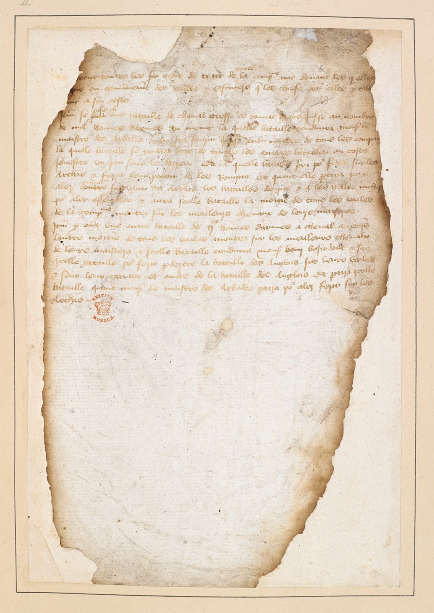 Agincourtin taistelua edeltävä ranskalainen taistelusuunnitelma, jonka laativat marsalkka Boucicault, Normandian kapteeni ja muut. 13.-21.10.1415 (muste paperille) tekijältä French School