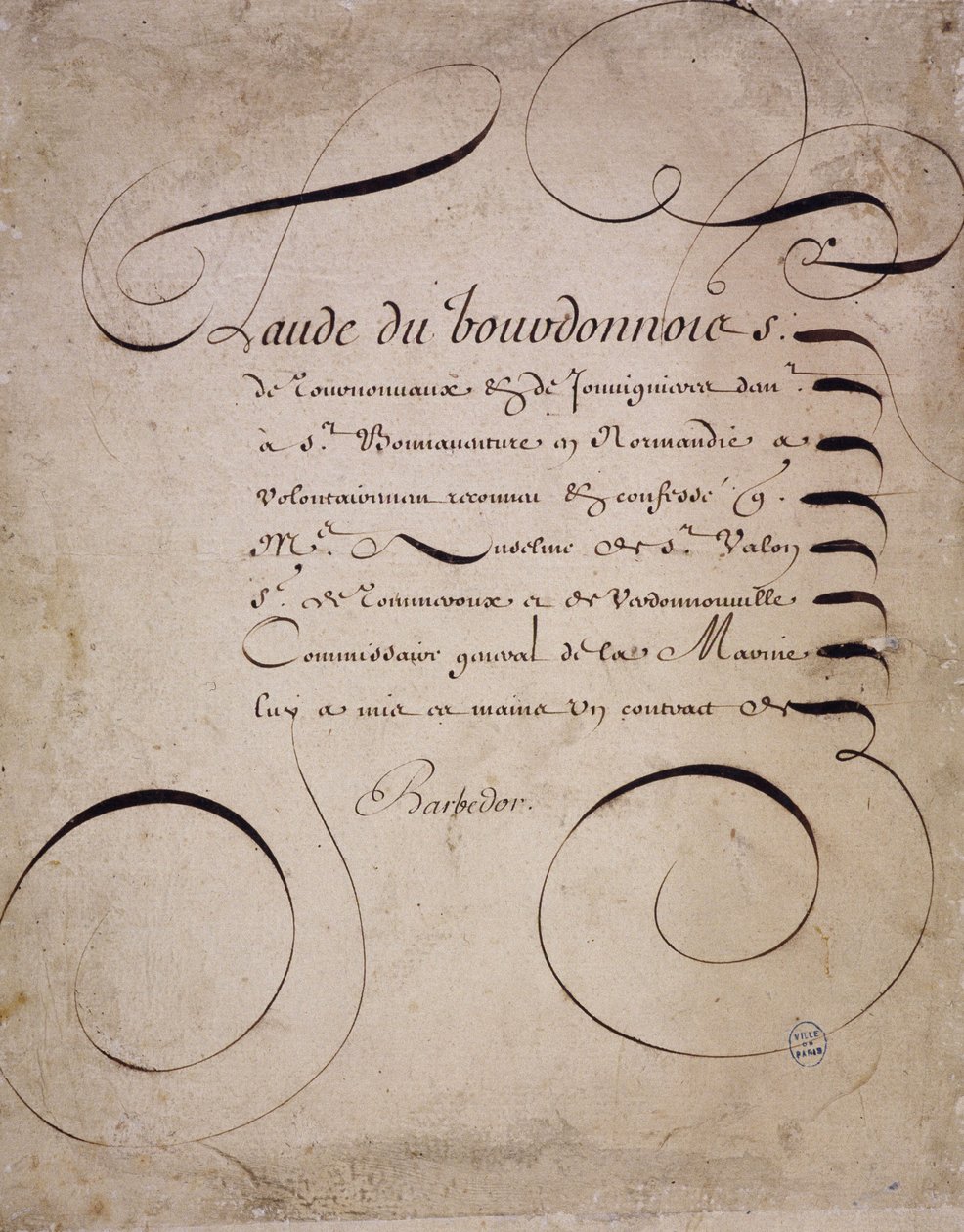 Ranskalainen kalligrafia: Louis Barbedorin tilikamarin kirje vuodelta 1640. tekijältä French School