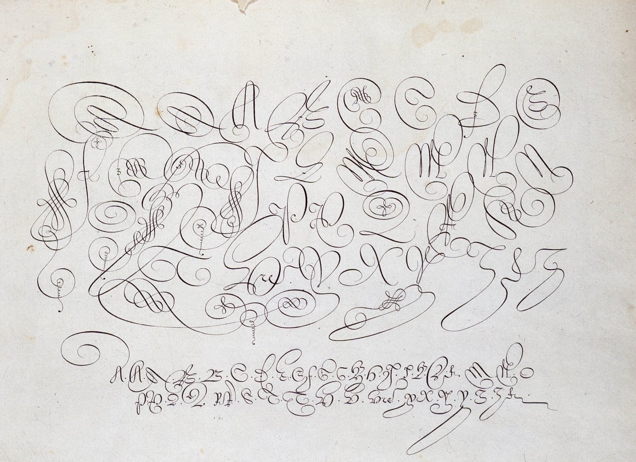 Ranskalainen kalligrafia: Kappalelevy, Robert Vignonin kuninkaan kalkografin Frisiuksen kaiverrus kirjoituspuutarhassa noin 1600-luvulla. tekijältä French School