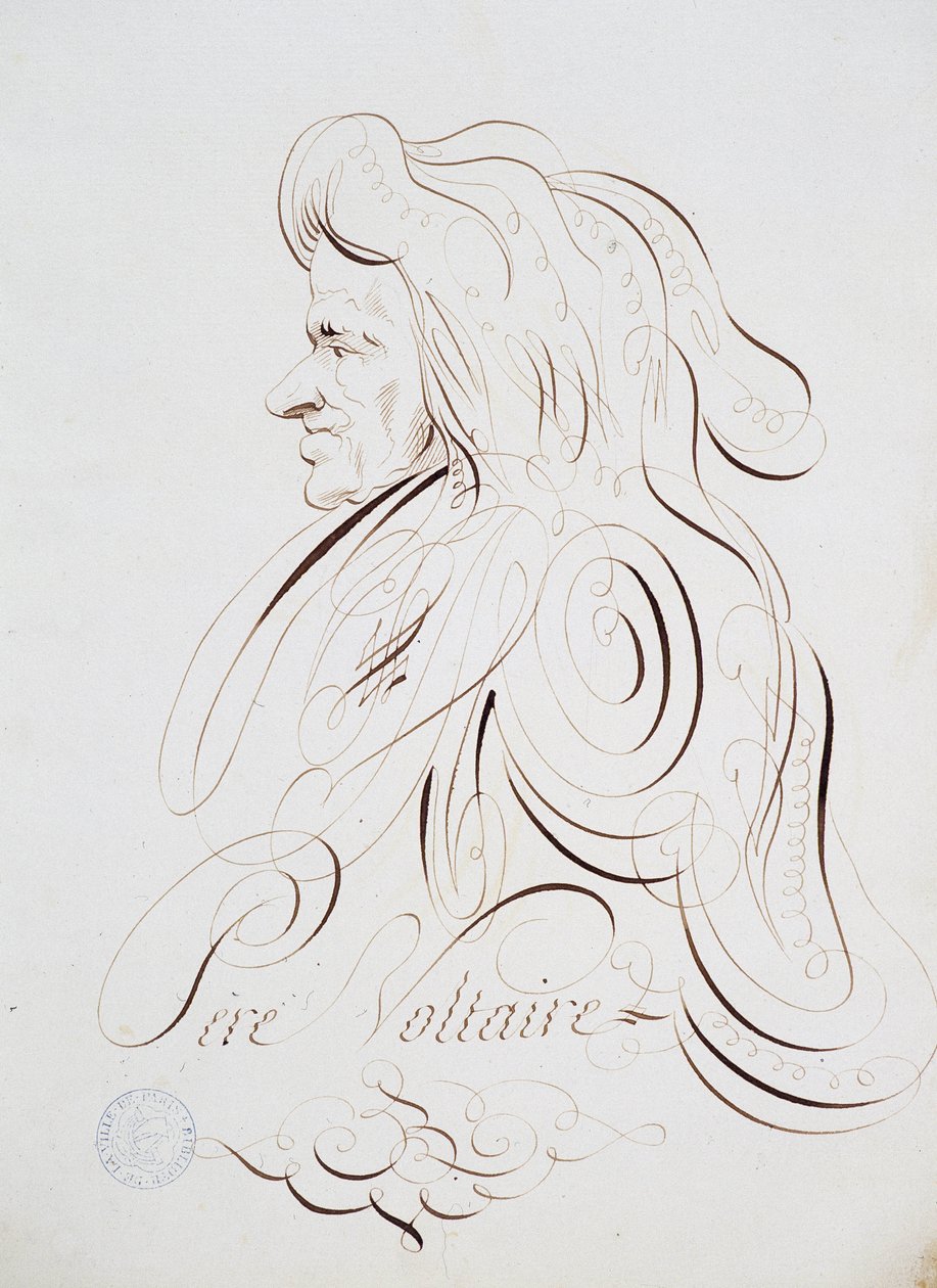 Ranskalainen kalligrafia: Bernard de Parisin isä Voltairen muotokuva noin 1780. Pariisin kaupungin historiallinen kirjasto. tekijältä French School