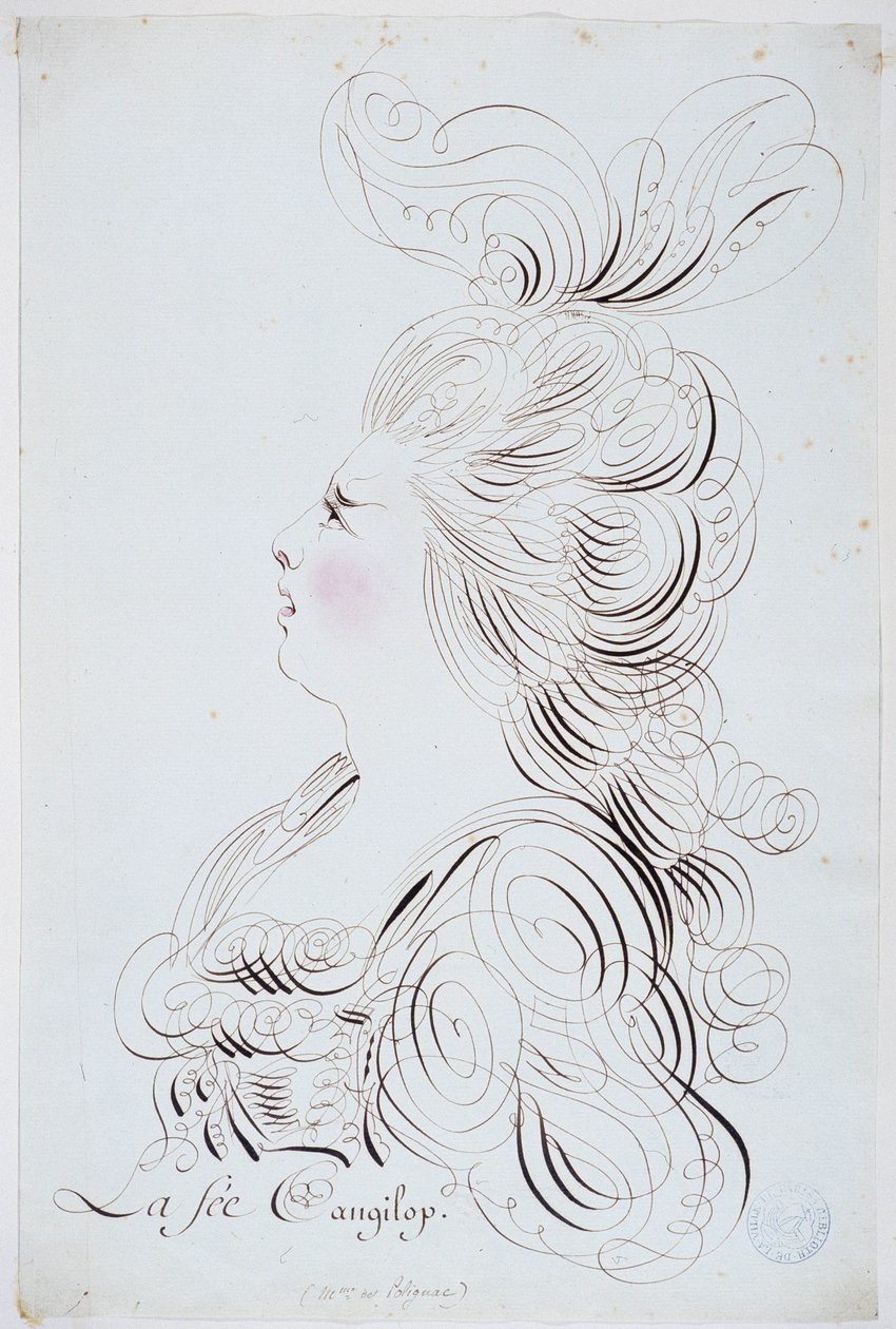 Ranskalainen kalligrafia: Polignacin prinsessan muotokuva kasvoissa Bernard de Parisin vesiväreillä noin 1780. Pariisin kaupungin historiallinen kirjasto. tekijältä French School