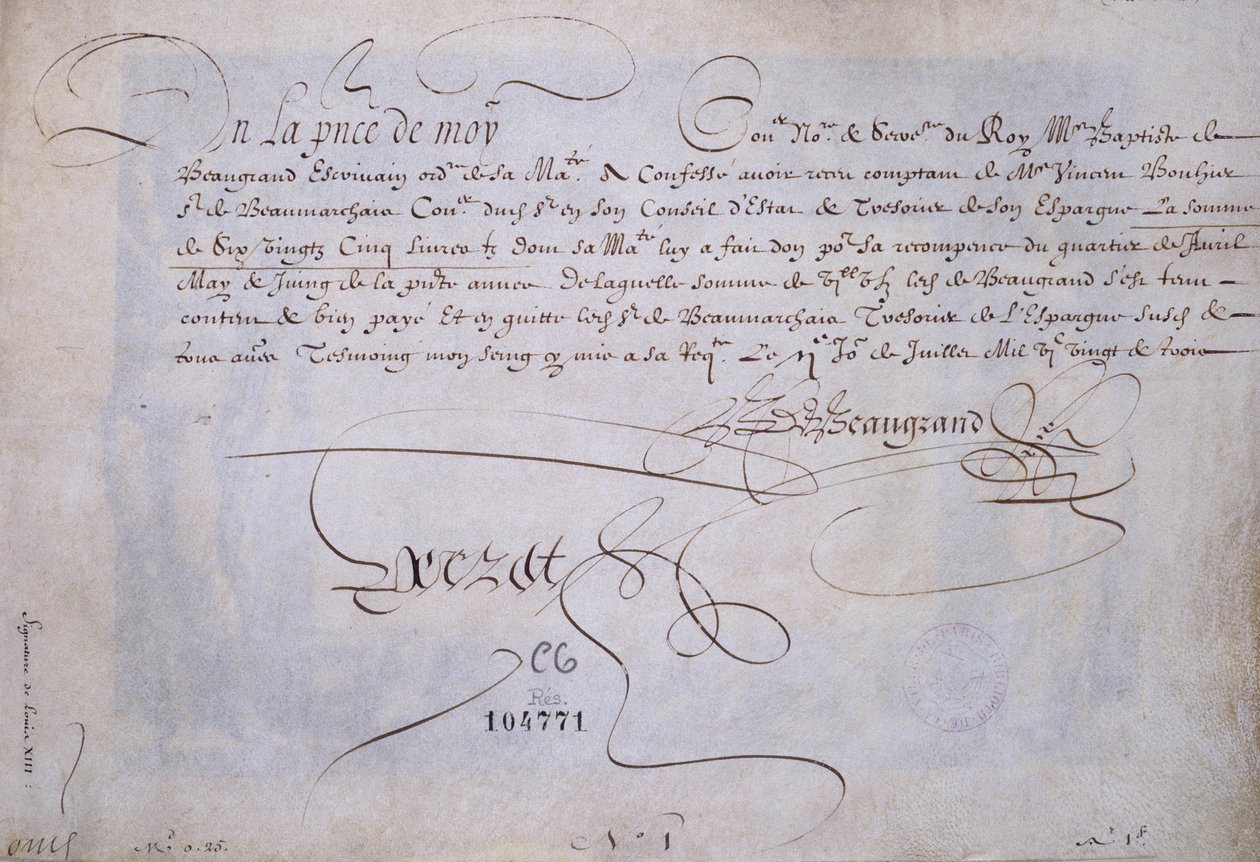 Ranskalainen kalligrafia: Recu Bernard de Beaugrandin hyväksi toimitus 2. heinäkuuta 1623. Pariisin kaupungin historiallinen kirjasto. tekijältä French School