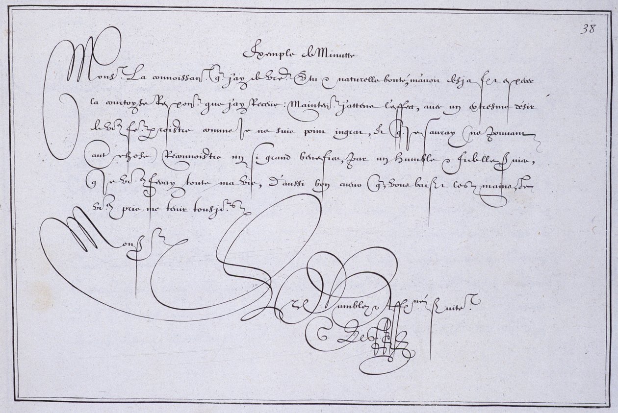 Ranskalainen kalligrafia: Teknologia, Guillaume Le Gangneurin "" esimerkki minuutista" noin 1599. Pariisin kaupungin historiallinen kirjasto. tekijältä French School