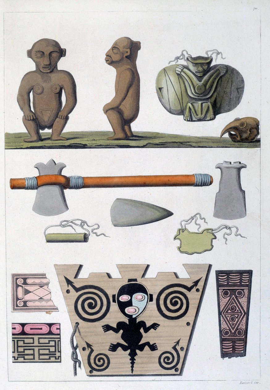 Ranskan siirtomaat: Länsi-Intian Martiniquen ensimmäisten asukkaiden arawakien esineitä. Kaiverrus 1800-luvun Chartresista, Musee des Beaux Arts tekijältä French School