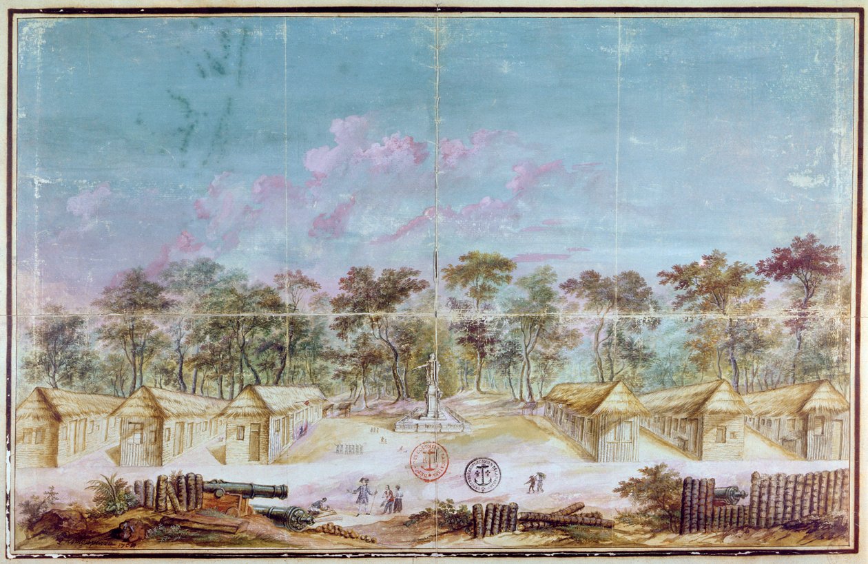Ranskalaisten siirtolaisten asutus Kouroun rannalla, Guyanassa vuonna 1763 (wc paperilla) tekijältä French School