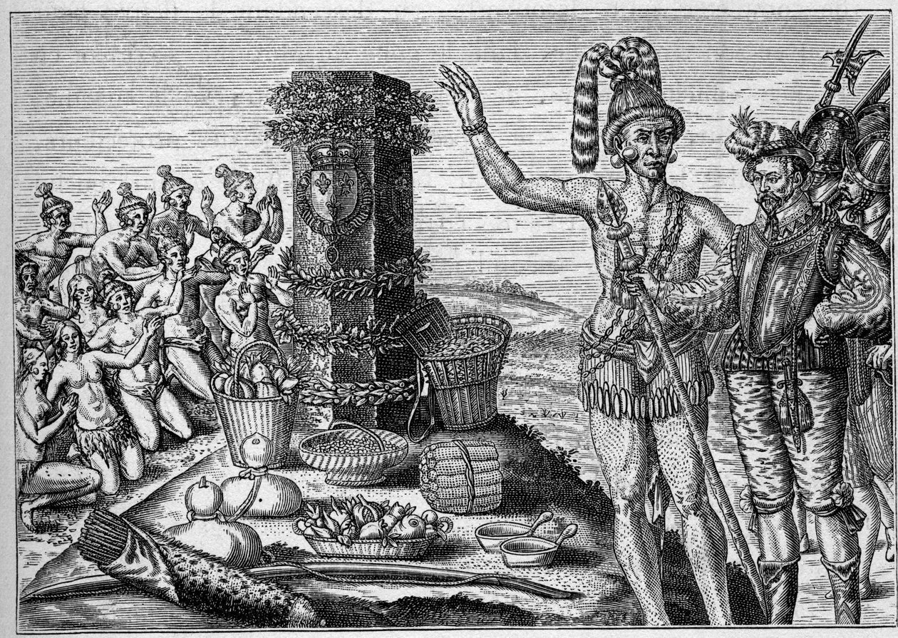 Ranskan siirtomaa Amerikassa: Floridilaiset rakastavat Rene de Laudonnieren muistopylvästä erigeeä Espanjan Ranskan protestanttisia siirtomaita vastaan vuonna 1564 hyökänneiden muistoksi. 1500-luvun kaiverruksesta. Kirjassa "La Marine et les colonies: kaup tekijältä French School