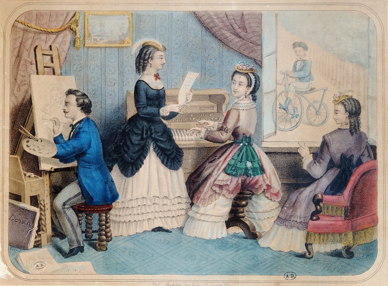 Ranskalainen muotilevy, joka kuvaa taiteellista toimintaa, 1867 tekijältä French School