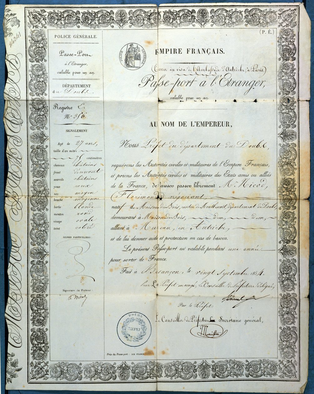 Ranskan passi, Besanconista, 20. syyskuuta 1854 tekijältä French School