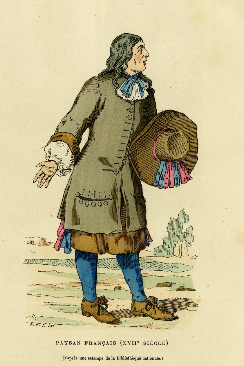 Ranskalainen talonpoika-asu 1700-luvulla. Kaiverrus väreillä kansallisbiblioteekin vedoksen jälkeen, teoksessa "France et les francais a travers les centuries", kirjoittanut Augustin Challamel, F.Royn toimittaja, Paris 1882. Selva Collection. tekijältä French School