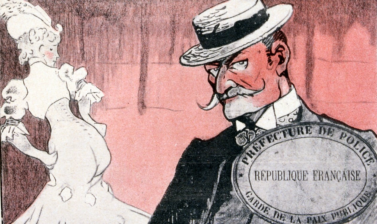 Ranskan poliisi tutkii prostituoitua ennen hänen pidättämistä. 1800-luvun Ranska. Ranskalainen kuvitus 1890 tekijältä French School