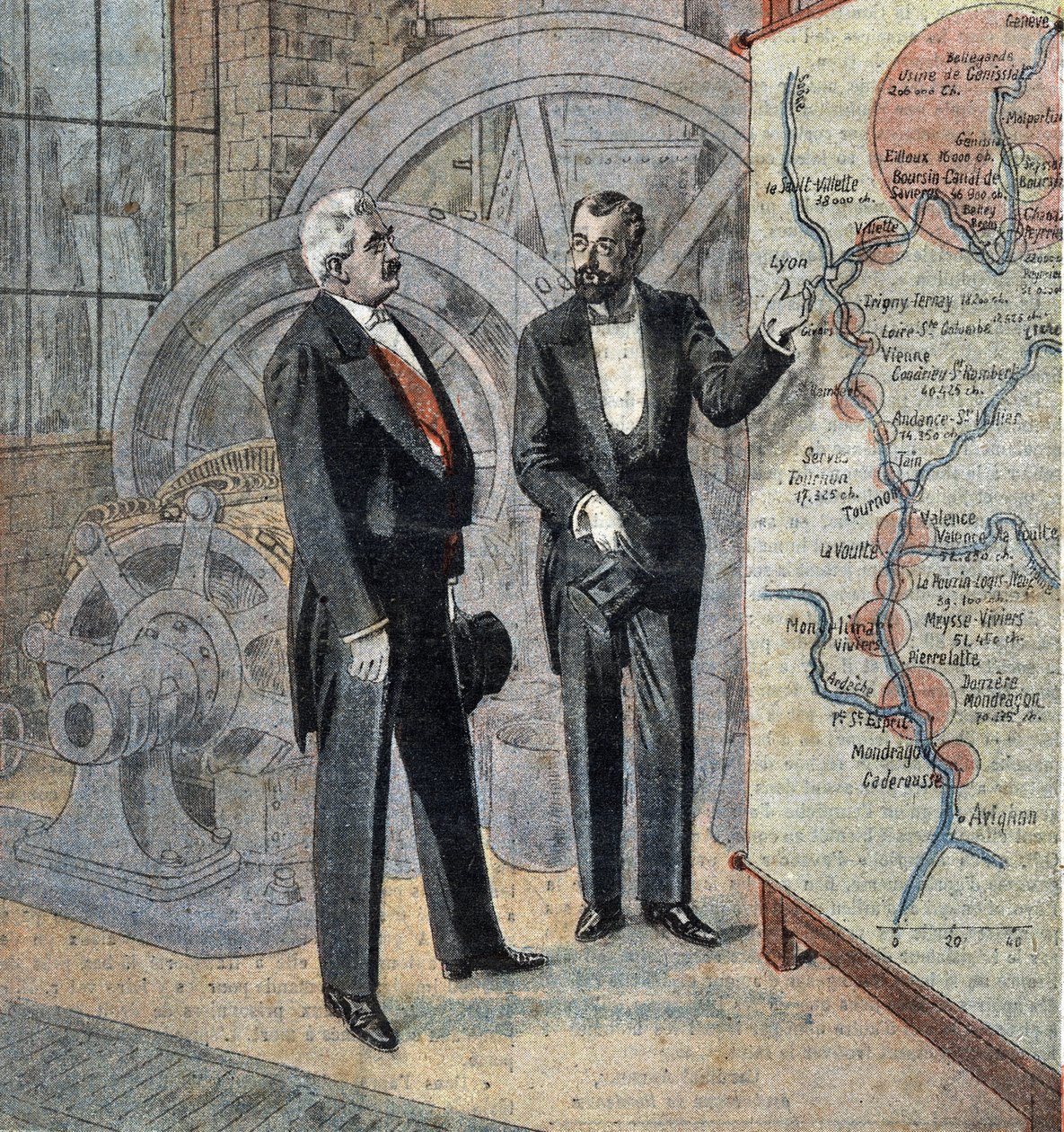 Ranskan presidentti Millerand ja insinööri, joka suunnittelee vesivoimalaitosten rakentamista Rhone-joelle Kuvituslehdestä "Le pelerin" huhtikuu 1921. tekijältä French School