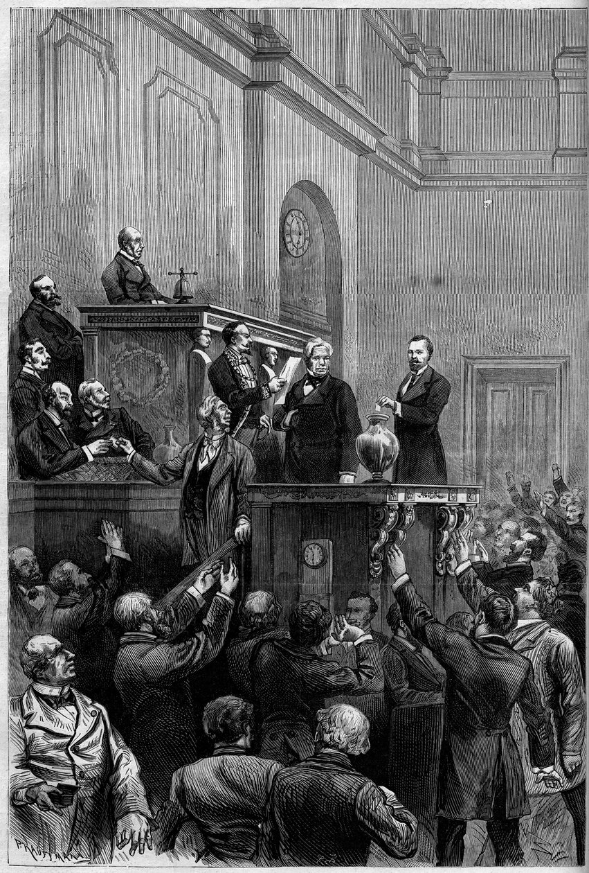 Ranskan presidentinvaalit 30. tammikuuta 1879: Mac Mahonin (Mac-Mahon) eron jälkeen parlamentaarikot äänestivät tasavallan uuden presidentin valinnan puolesta. Kaiverrus esittää Jules Armand (Jules-Armand) Dufaurea (1798-1881) äänestämässä tekijältä French School