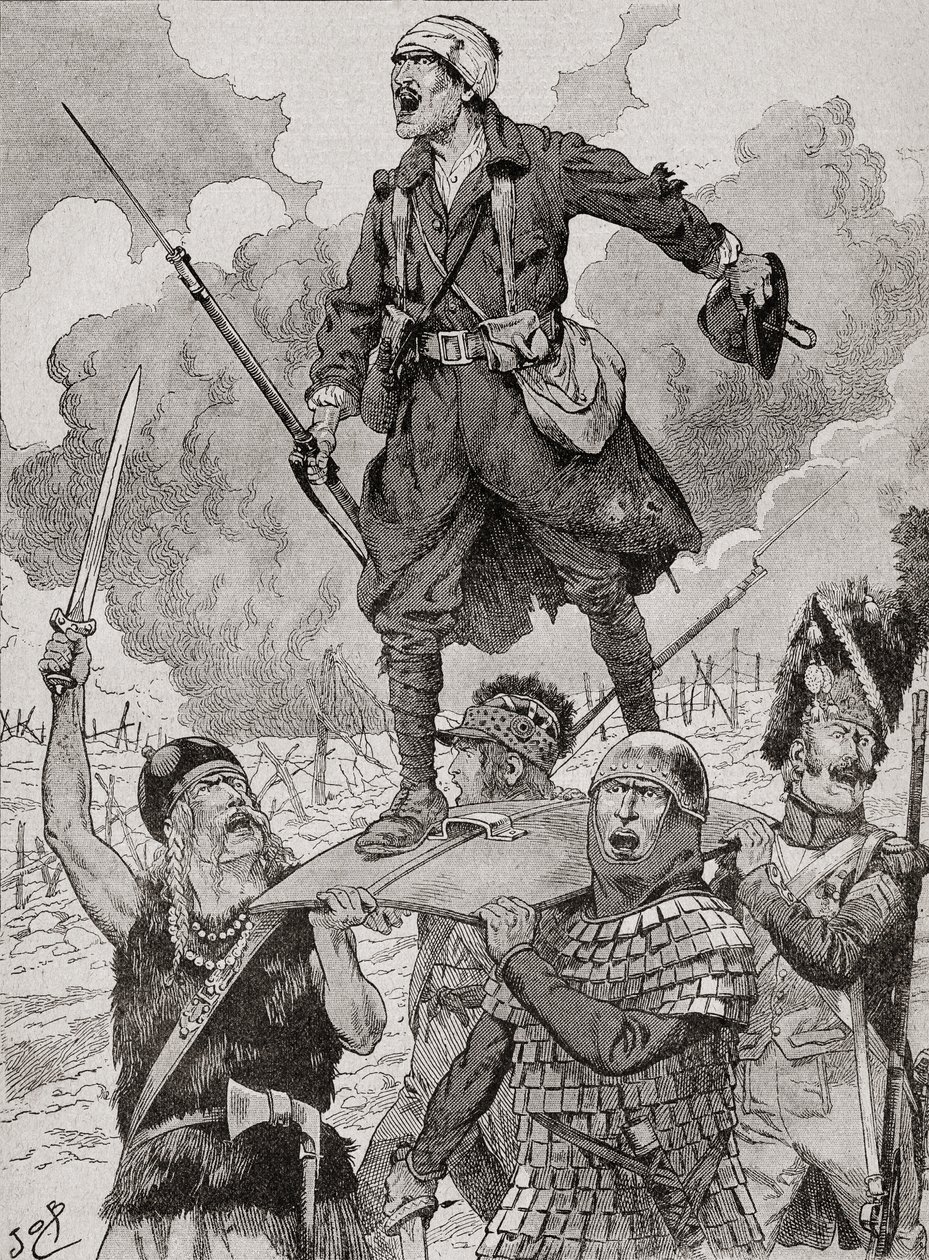 Ranskalainen propagandajuliste, jonka otsikko on "On Les Aura", tai meillä on niitä. Neljä sotilasta eri historiallisilta aikakausilta kantaa haavoittunutta mutta uhmaavaa ensimmäisen maailmansodan sotilasta kilvessä. Agendasta Buvard du Bon Marche julkais tekijältä French School