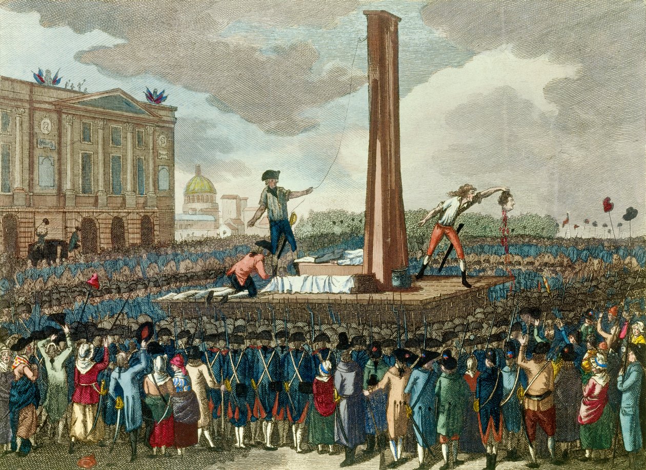 Ranskan vallankumous: kuningas Ludvig XVI:n (1754-1793) teloitus giljotiinilla, pyöveli esittelee leikatun pään. Kaiverrus Fiousin piirroksen mukaan. 1700-luvulla. Pariisi, Musee Carnavalet tekijältä French School