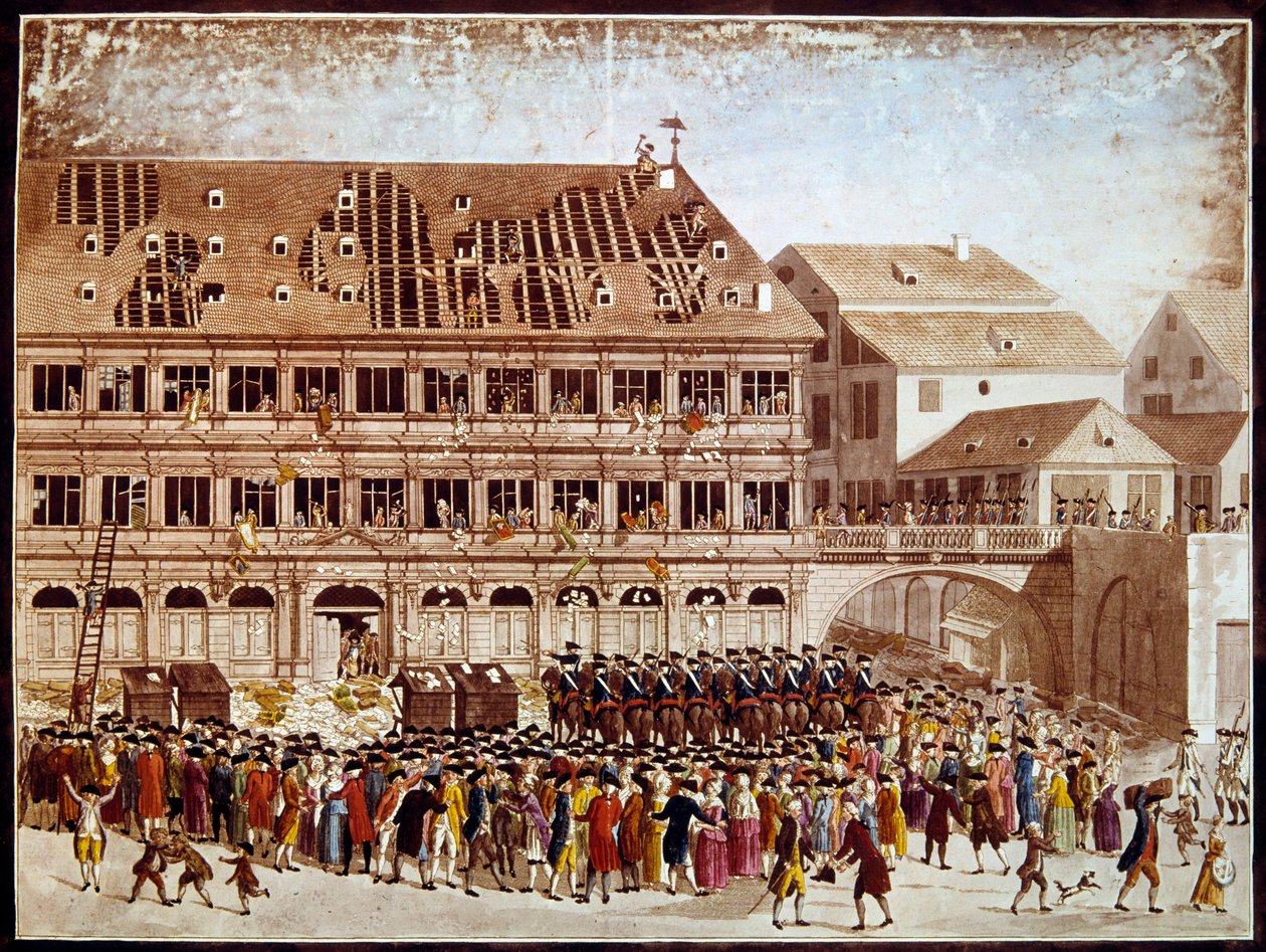 Ranskan vallankumous: Strasbourgin kaupungintalon ryöstö 20.7.1789. Anonyymi printti. Paris, B.N. tekijältä French School