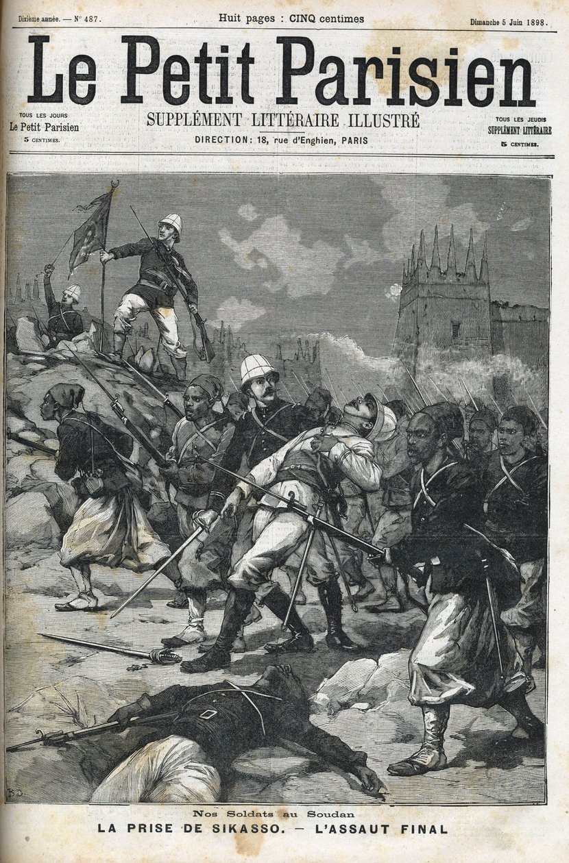 Ranskalaiset sotilaat Sudanissa: toukokuu 1898. Eversti Audeoud (Sudan) ryösti Sikasson. Sikasson vangitseminen. Kansi "" Le petit parisien""" kesäkuulta 1898. tekijältä French School