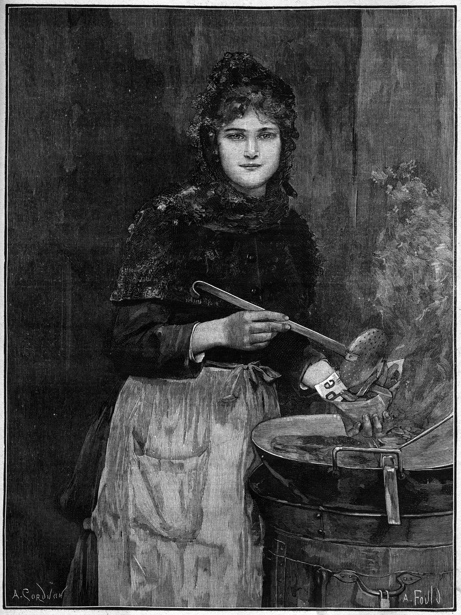 Paistettu peruna jälleenmyyjä; 1888 kaiverrus Achilles Foaldin maalauksesta. tekijältä French School