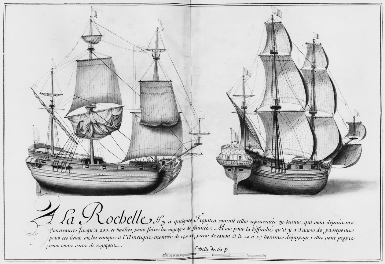 Fregatit, La Rochelle, kuvitus teoksesta "Desseins des differentes manieres de vaisseaux...depuis Nantes jusqu