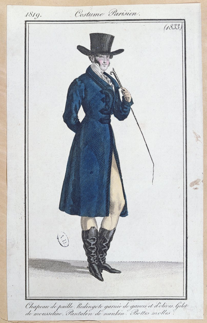 Takki, jossa olkihattu, housut ja pehmeät saappaat, 1819 tekijältä French School